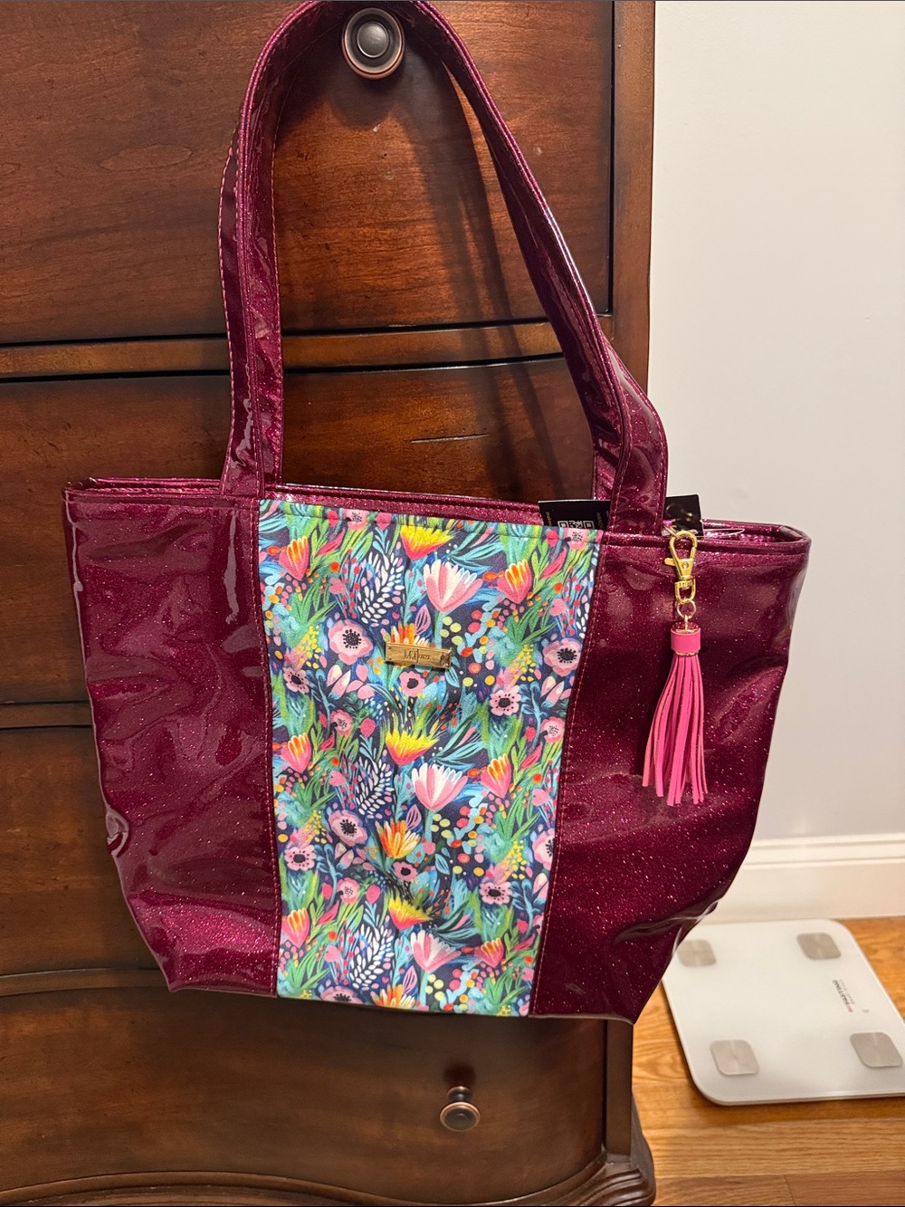 Makeup Junkie Stylish Burgundy Floral Panel Tote with Pink Tassel